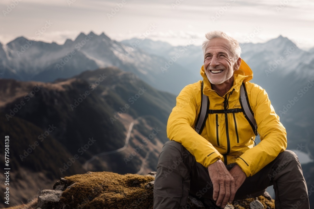 Mountain Wellness Vista: Smiling Senior Man Illustrates Peak Fitness, an Inspiring Concept for Seniors