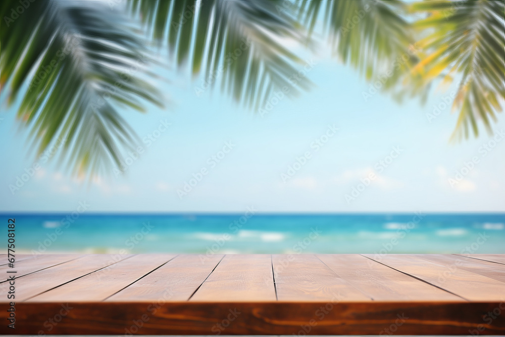 Tropical tranquility on an empty wooden table by the ocean. Paradise found with a serene beach, palm trees, and a sunny horizon. Is AI Generative. Tropical tranquility on an empty wooden table by the ocean. Paradise found with a serene beach, palm trees, and a sunny horizon. Is AI Generative.