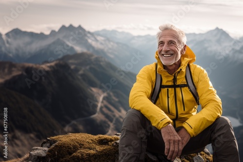 Mountain Wellness Vista  Smiling Senior Man Illustrates Peak Fitness  an Inspiring Concept for Seniors