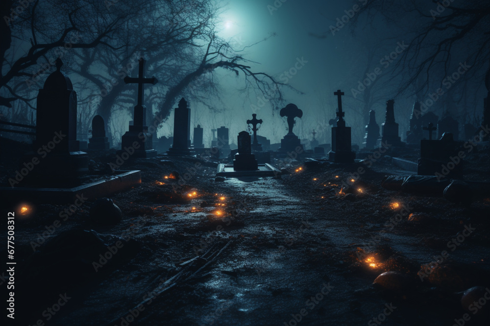 Spooky graveyard at nigh