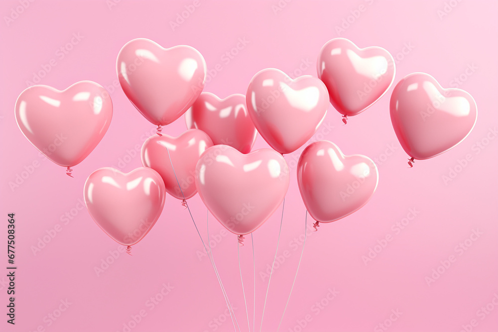 3D heart shaped balloons floating on a pink background. Valentine's day, Baby girl, Gender reveal. Generative AI illustration.
