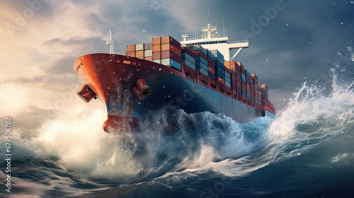 A container cargo ship cuts through the waves,  a vital link in supply chains photo