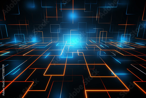 abstract ai technology, security, network background, digital background, square line, neon circuit, blue neon © RedSSS