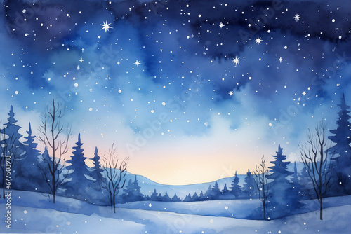 冬の夜の水彩画