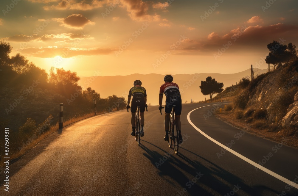 Two cyclists are riding down a road during sunset. Two cyclists are riding down a road during sunset.