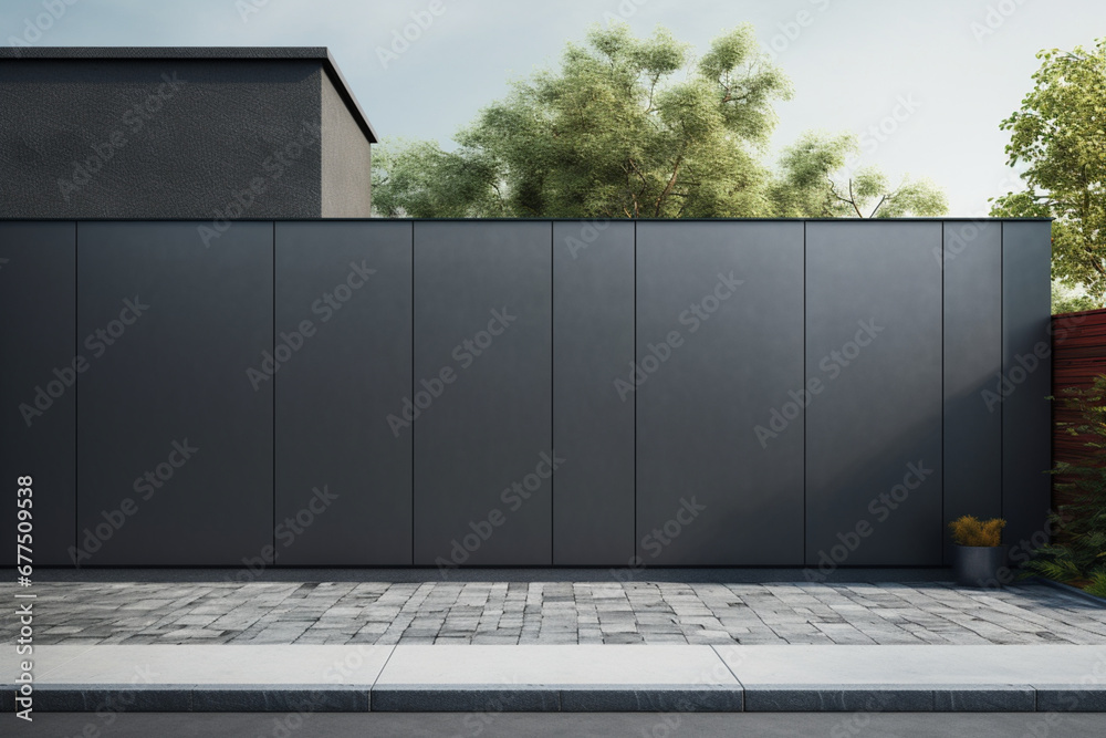 Wall steel fence grey aluminium modern barrier gray house protect view facade home garden protection - obrazy, fototapety, plakaty 