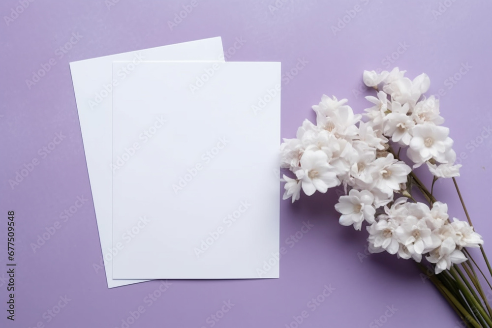 White blank greeting or invitation card with white flowers decoration on purple background, Mock up presentation