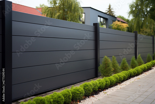 Print op canvas Wall steel fence grey aluminium modern barrier gray house protect view facade ho