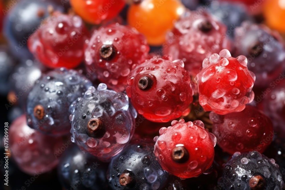 Frozen Berries and Fruits: Macro shots of frozen berries or fruit encased in ice can be visually captivating. - Generative AI Frozen Berries and Fruits: Macro shots of frozen berries or fruit encased in ice can be visually captivating. - Generative AI