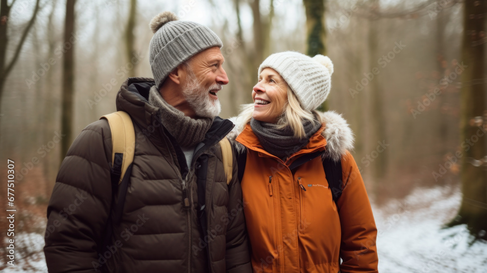 Waist up portrait of happy senior couple enjoying walk in winter forest and looking at each other with love Waist up portrait of happy senior couple enjoying walk in winter forest and looking at each other with love