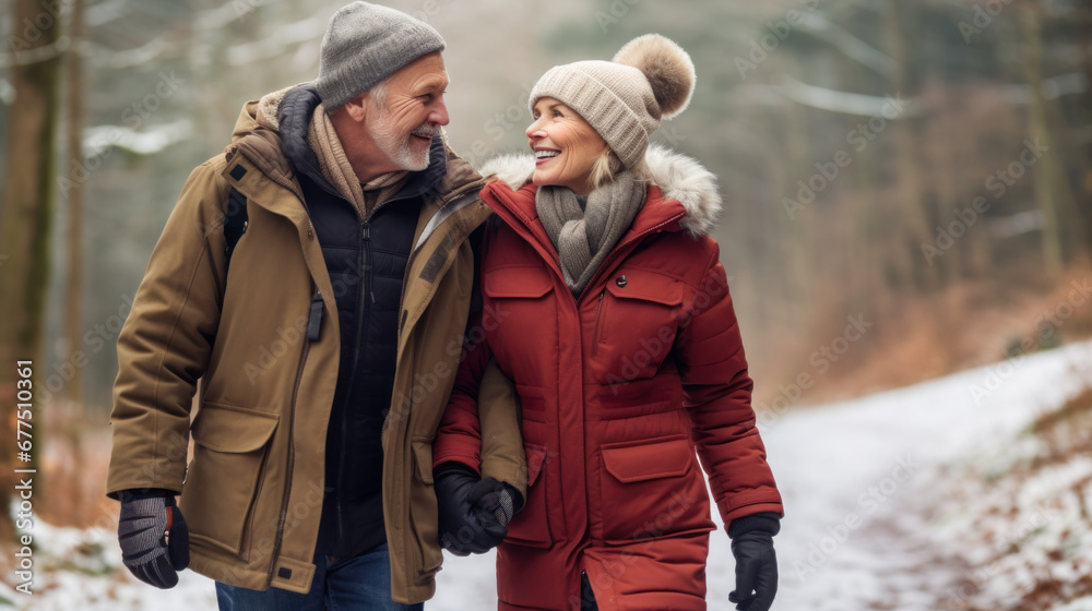 Waist up portrait of happy senior couple enjoying walk in winter forest and looking at each other with love Waist up portrait of happy senior couple enjoying walk in winter forest and looking at each other with love