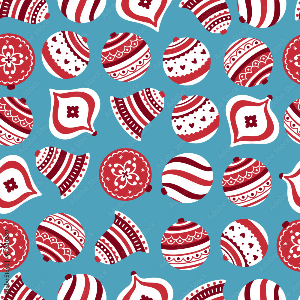 Fototapeta premium Hand drawn seamless pattern with cute hand drawn christmas balls. Repetitive New Year baubles print.