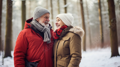 Waist up portrait of happy senior couple enjoying walk in winter forest and looking at each other with love © Olga
