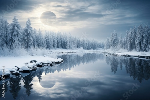 Winter Reflections: Capture the reflections of winter scenes in still bodies of water, like lakes or ponds. - Generative AI