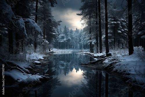 Winter Reflections: Capture the reflections of winter scenes in still bodies of water, like lakes or ponds. - Generative AI