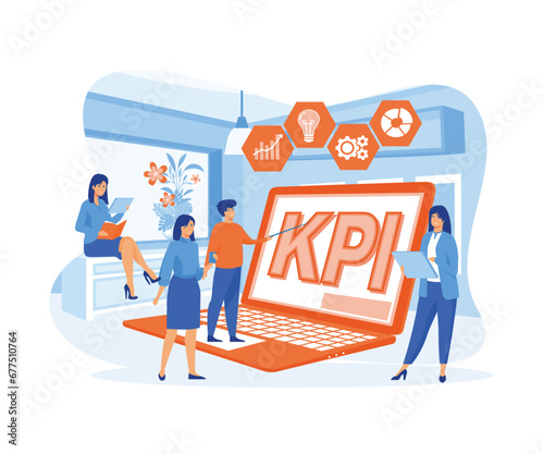  Kpi Data Report, Key Performance Indicators with Business Characters and Infographics Elements. flat vector modern illustration 