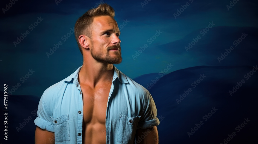 young handsome man feeling happy, proud and hopeful, wondering or thinking, looking up to copy space on blue wall background young handsome man feeling happy, proud and hopeful, wondering or thinking, looking up to copy space on blue wall background