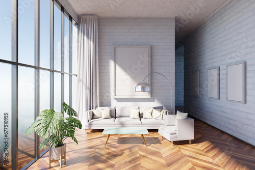 luxurious loft apartment with window  minimalistic interior living room design  3D Illustration