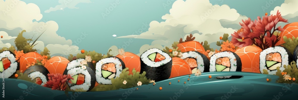 Salmond Sushi Makis Pattern On Blue , Banner Image For Website, Background Pattern Seamless, Desktop Wallpaper