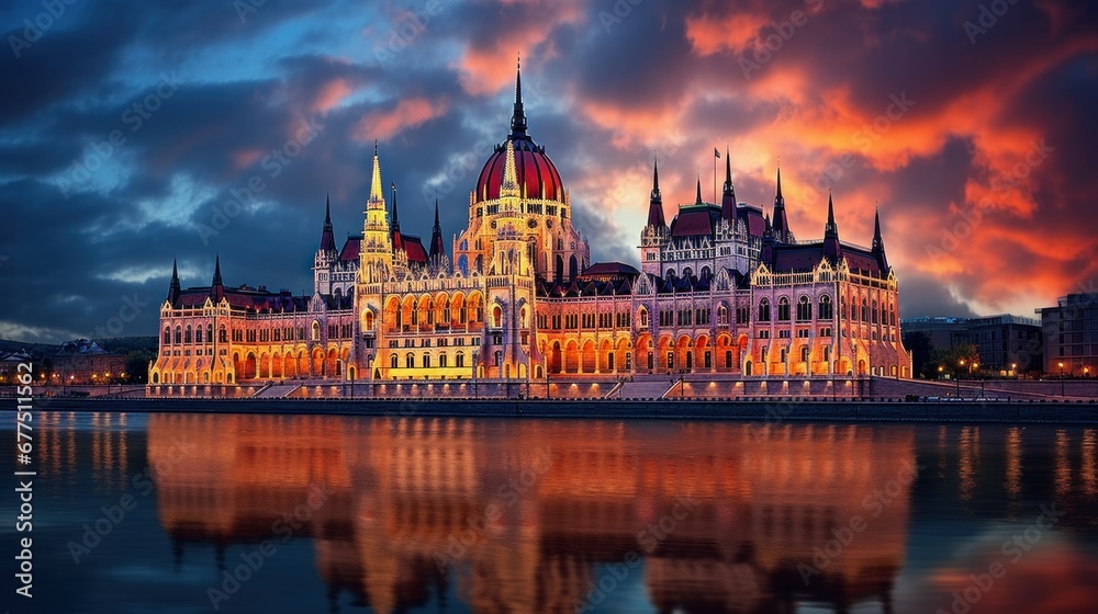 Iconic Parliament Building in the City of Budapest, Gracefully Resting on the Banks of the Danube River.
