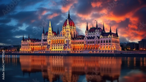 Iconic Parliament Building in the City of Budapest, Gracefully Resting on the Banks of the Danube River.