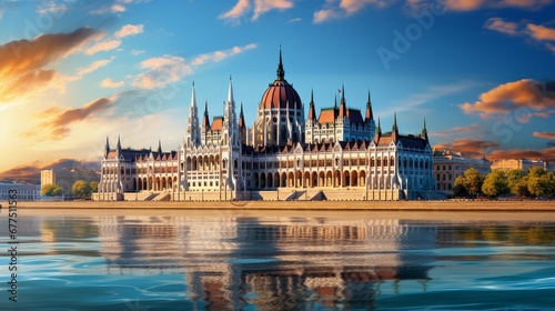 Iconic Parliament Building in the City of Budapest, Gracefully Resting on the Banks of the Danube River. photo