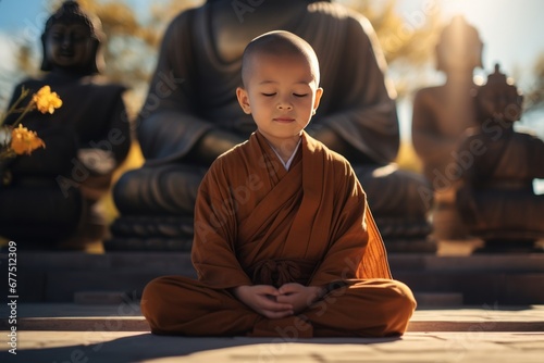 A little monk or novice meditates in front of a statue of Buddha photo