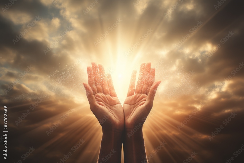 Hands of Lord Jesus Christ blessing the sky with beautiful clouds and sunlight. - obrazy, fototapety, plakaty 