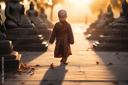 A little monk or novice walking meditation in front of a statue of Buddha.