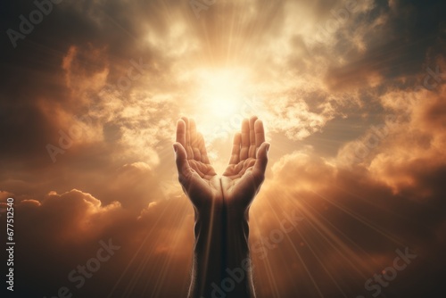 Hands of Lord Jesus Christ blessing the sky with beautiful clouds and sunlight.