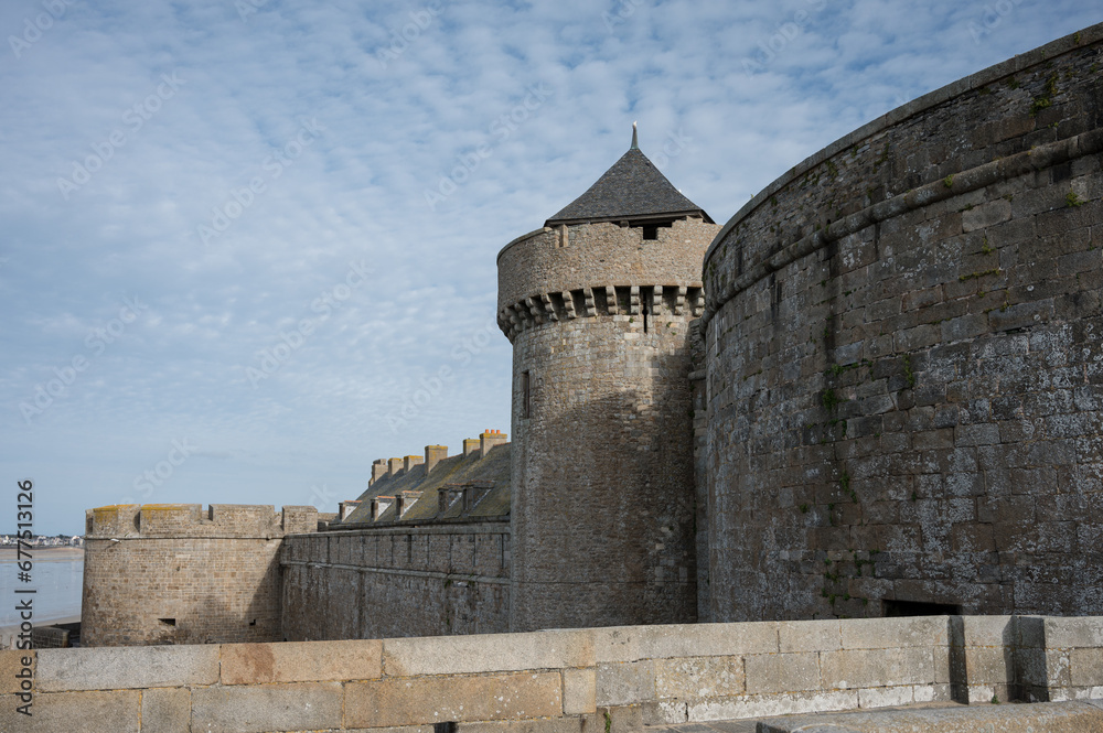 Photograph of the walls and stone towers from the town wall of Saint Malo