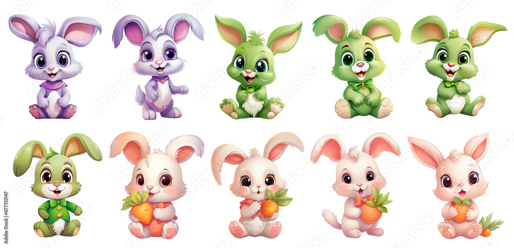 set of cute bunny, rabbits on transparent isolated background, generated ai