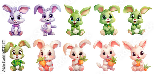 set of cute bunny, rabbits on transparent isolated background, generated ai