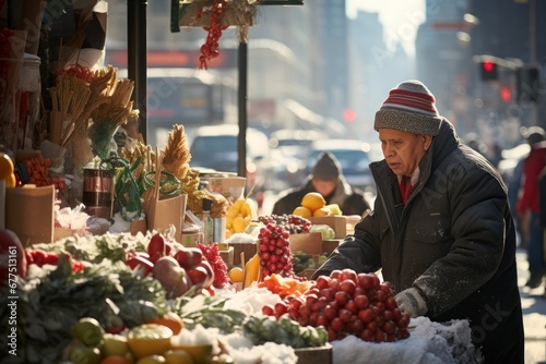 Winter Street Photography: Capture the essence of daily life in urban areas during the winter, including street vendors and pedestrians. - Generative AI