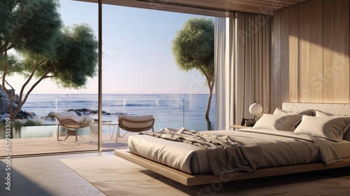 Bedroom with large glass sliding doors is overlooking the ocean with contemporary ceramics.