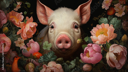 Portrait of a pig surrounded by beautiful flowers