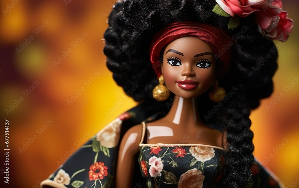 Black History Month. Beautiful happy African doll wearing traditional costume with floral pattern, head wrap and golden earrings. Earthy warm colours, blurred background, de focus. AI Generative Black History Month. Beautiful happy African doll wearing traditional costume with floral pattern, head wrap and golden earrings. Earthy warm colours, blurred background, de focus. AI Generative