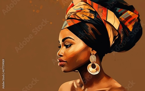 Black History Month poster. Beautiful African woman profile, traditional head wrap, tribal pattern and golden earrings on brown background. Warm colours, clay background, oil stylised. AI Generative photo