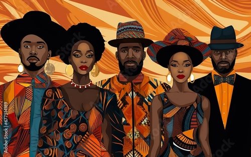 Black History Month graphic poster. Strong African people with dignity in traditional costumes with head wraps and tribal earrings. Orange earthy colours. AI Generative