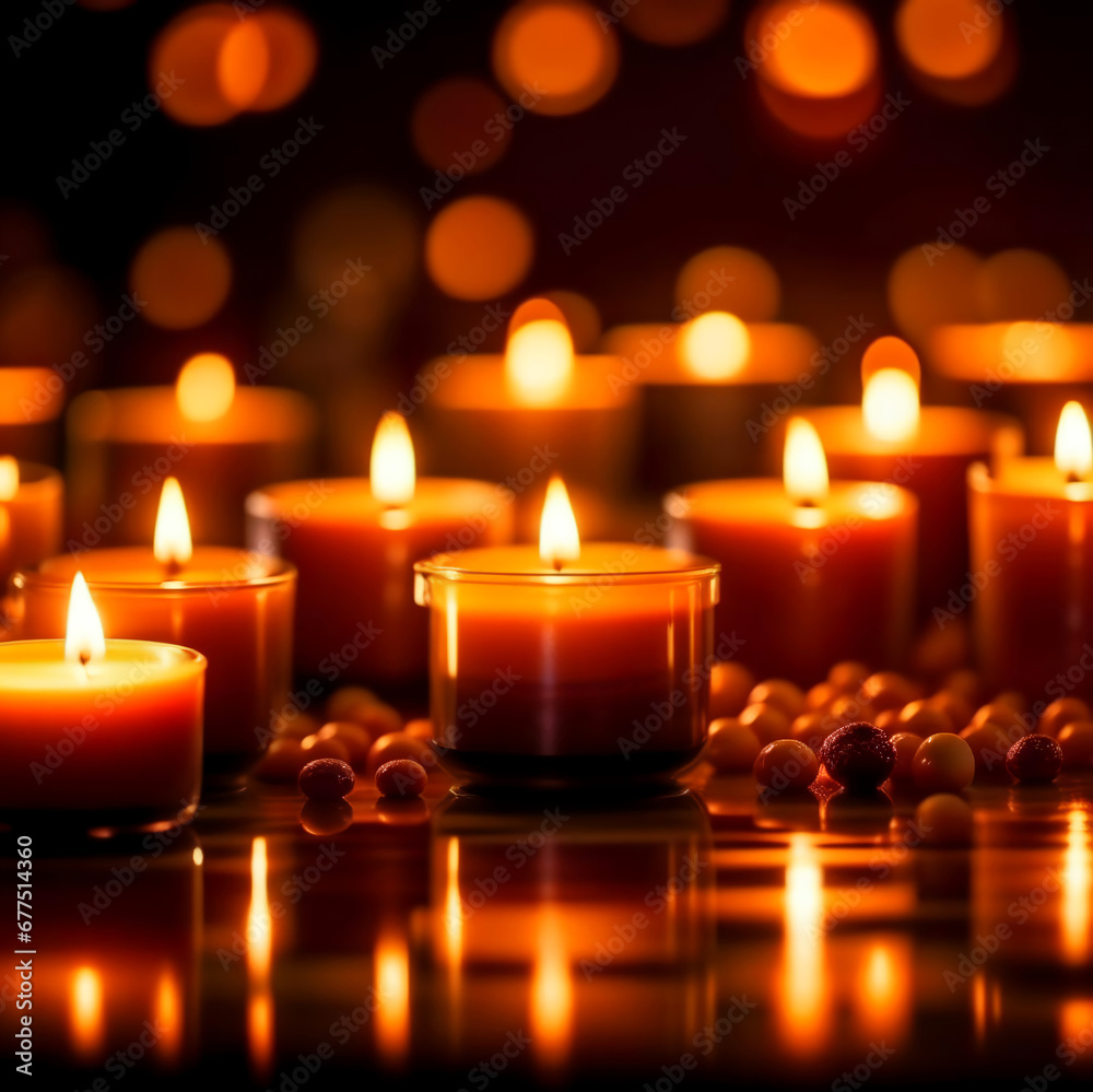 Burning candles in the dark with bokeh. romance, valentine's day. artificial intelligence generator, AI, neural network image. background for the design. Burning candles in the dark with bokeh. romance, valentine's day. artificial intelligence generator, AI, neural network image. background for the design.