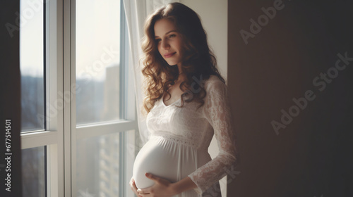 Pregnant woman standing near the window with both