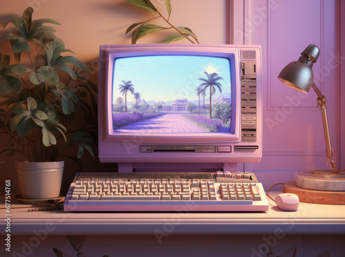 Retro computer with colorful light on it, in tones pink and purple, Generative AI