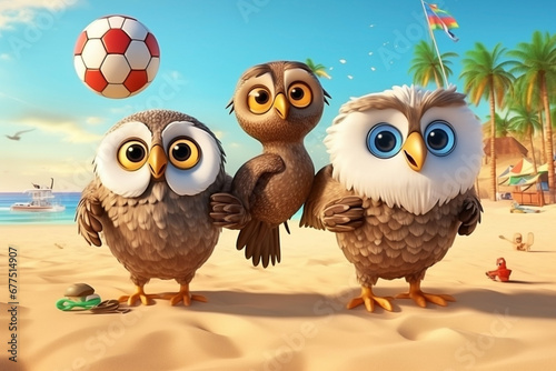 owls playing volleyball on the beach