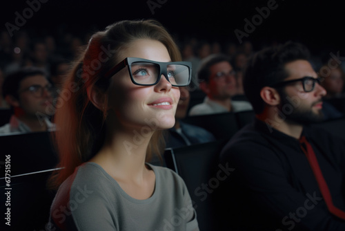 Woman is pictured wearing 3D glasses while watching movie. This image can be used to depict entertainment, technology, or leisure activities
