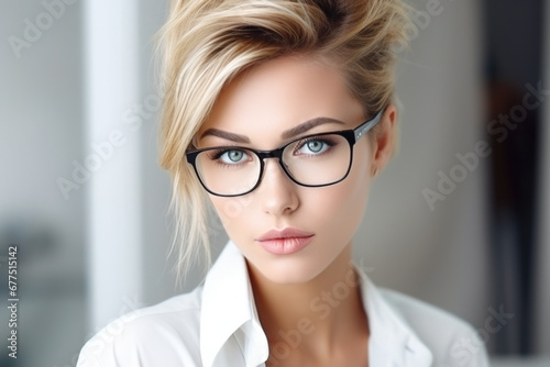 Picture of woman wearing glasses and white shirt. This versatile image can be used in various contexts