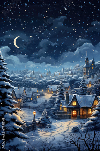 Christmas Eve. Beautiful Christmas background with fairy tale houses.Snowy town at holiday eve. Lights from the windows are on in the houses. Festive background, Christmas card.