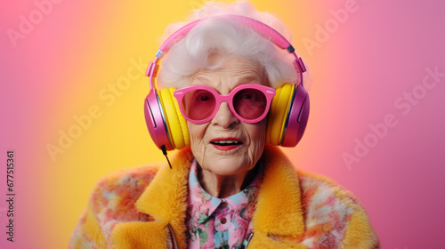 Cheerful elderly gray-haired female woman with tattoo casual cloth listening music with headphones keeping eyes closed isolated on pastel yellow pink color background studio portrait