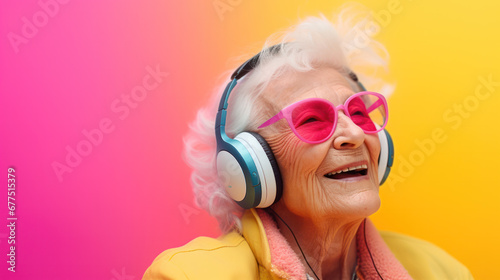 Cheerful elderly gray-haired female woman with tattoo casual cloth listening music with headphones keeping eyes closed isolated on pastel yellow pink color background studio portrait