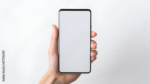 Mockup of a hand holding a smartphone with a blank screen and white background