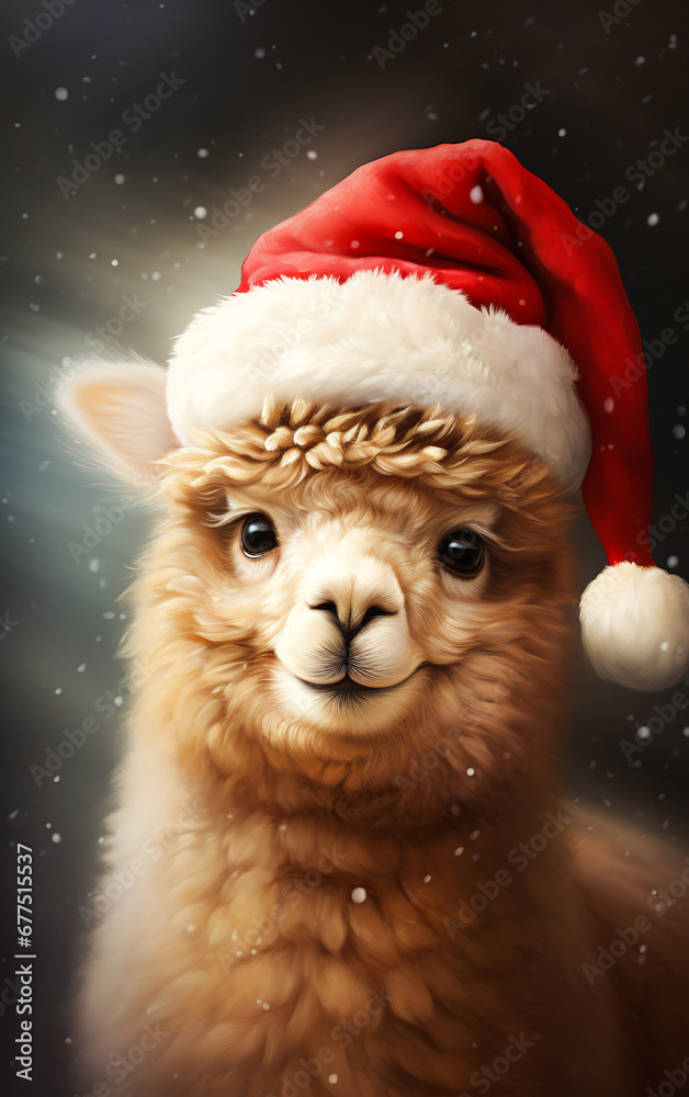 Cute lama is wearing a Christmas hat. Posing on dark background, funny looking. Cute lama is wearing a Christmas hat. Posing on dark background, funny looking.